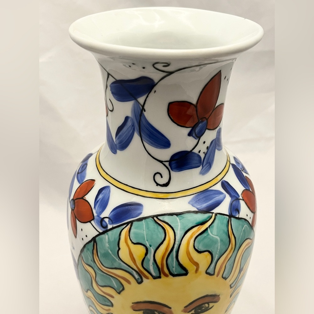 **SOLD** Hand-Painted Sunburst Ceramic Vase, 12 inch tall, MCM Home Decor EUC - Picture 5 of 14